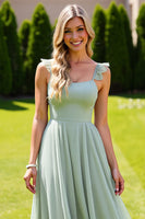 Load image into Gallery viewer, Sage Green Chiffon Spaghetti Straps A Line Long Bridesmaid Dress