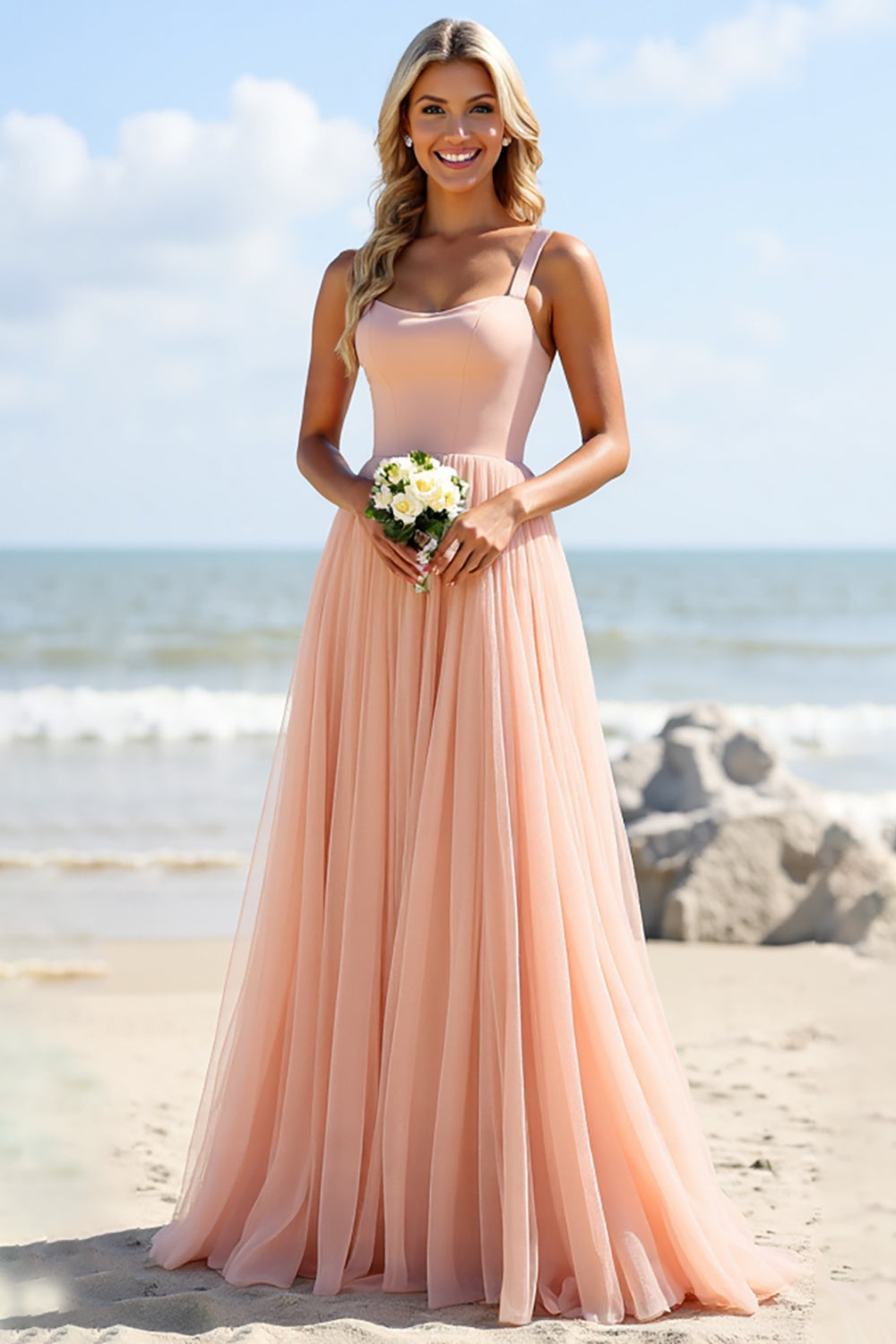 Blush Tulle A Line Spaghetti Straps Long Bridesmaid Dress