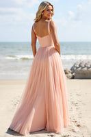 Load image into Gallery viewer, Blush Tulle A Line Spaghetti Straps Long Bridesmaid Dress