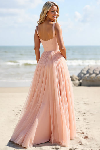 Blush Tulle A Line Spaghetti Straps Long Bridesmaid Dress