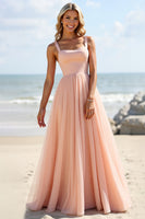Load image into Gallery viewer, Blush Tulle A Line Spaghetti Straps Long Bridesmaid Dress
