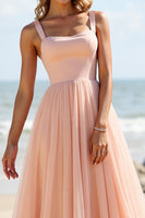 Load image into Gallery viewer, Blush Tulle A Line Spaghetti Straps Long Bridesmaid Dress