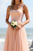 Load image into Gallery viewer, Blush Tulle A Line Spaghetti Straps Long Bridesmaid Dress