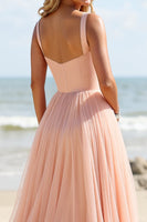 Load image into Gallery viewer, Blush Tulle A Line Spaghetti Straps Long Bridesmaid Dress