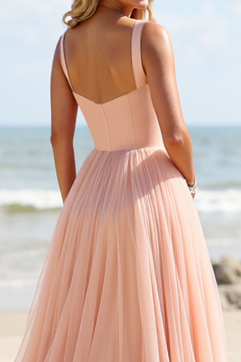 Load image into Gallery viewer, Blush Tulle A Line Spaghetti Straps Long Bridesmaid Dress