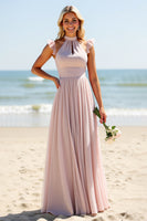 Load image into Gallery viewer, Candy Pink A Line Keyhole Long Bridesmaid Dress