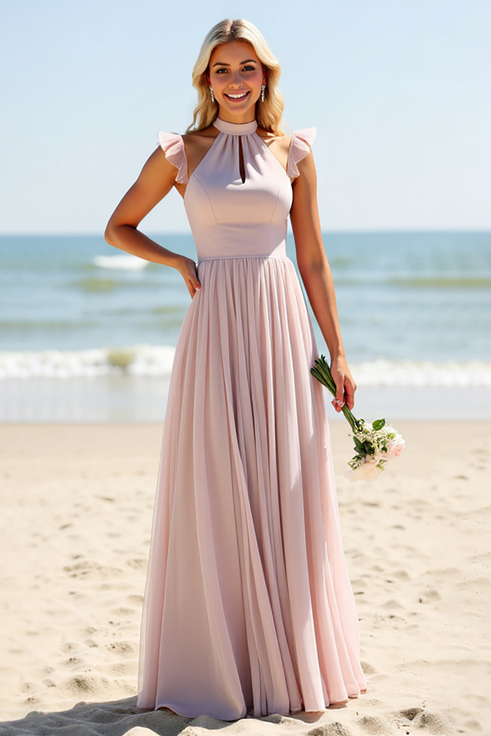 Candy Pink A Line Keyhole Long Bridesmaid Dress