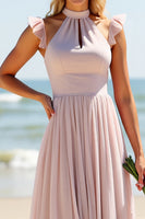 Load image into Gallery viewer, Candy Pink A Line Keyhole Long Bridesmaid Dress