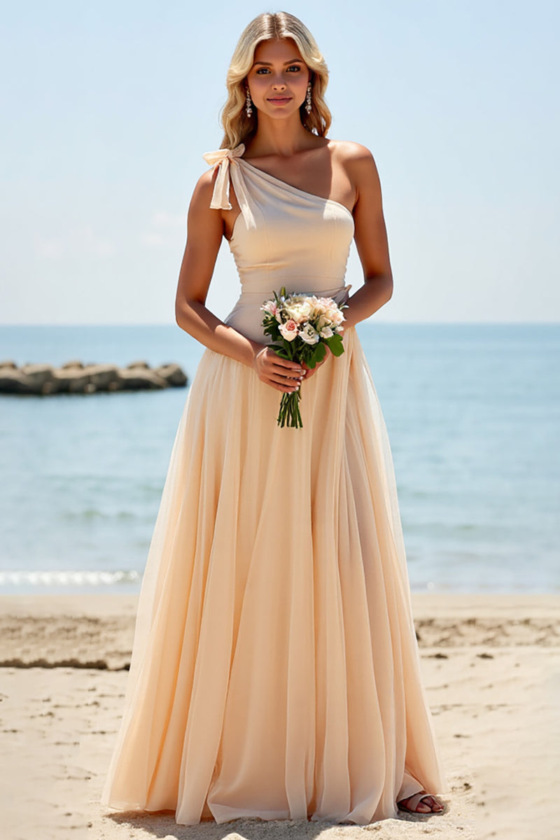 Load image into Gallery viewer, Apricot Tulle One Shoulder A Line Long Bridesmaid Dress