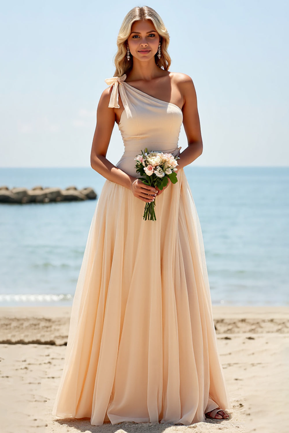 Apricot Tulle One Shoulder A Line Long Bridesmaid Dress