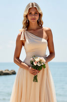 Load image into Gallery viewer, Apricot Tulle One Shoulder A Line Long Bridesmaid Dress