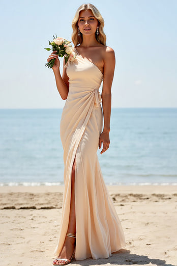 Apricot Sheath One Shoulder Ruched Long Bridesmaid Dress with Slit