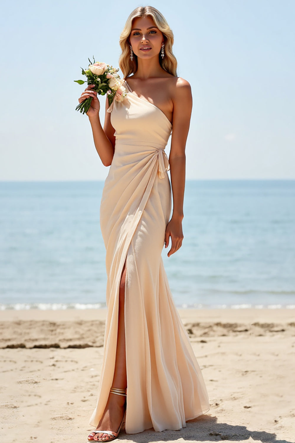 Apricot Sheath One Shoulder Ruched Long Bridesmaid Dress with Slit