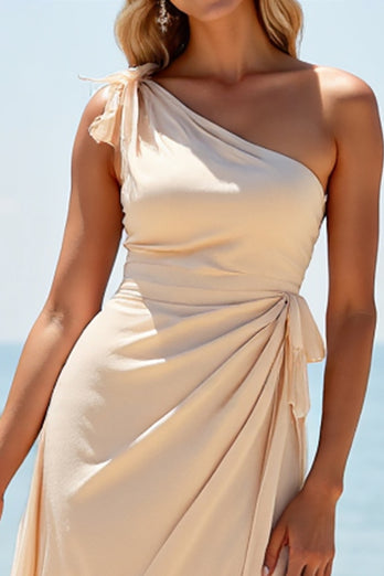 Apricot Sheath One Shoulder Ruched Long Bridesmaid Dress with Slit