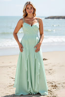 Load image into Gallery viewer, Mint Green Chiffon A Line Long Bridesmaid Dress with Ruffles