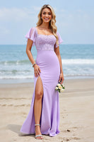 Load image into Gallery viewer, Lilac Chiffon Flutter Sleeves Sheath Long Bridesmaid Dress with Slit