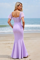 Load image into Gallery viewer, Lilac Chiffon Flutter Sleeves Sheath Long Bridesmaid Dress with Slit