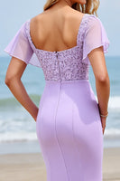 Load image into Gallery viewer, Lilac Chiffon Flutter Sleeves Sheath Long Bridesmaid Dress with Slit