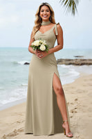 Load image into Gallery viewer, Olive Sheath Satin Spaghetti Straps Long Bridesmaid Dress with Slit