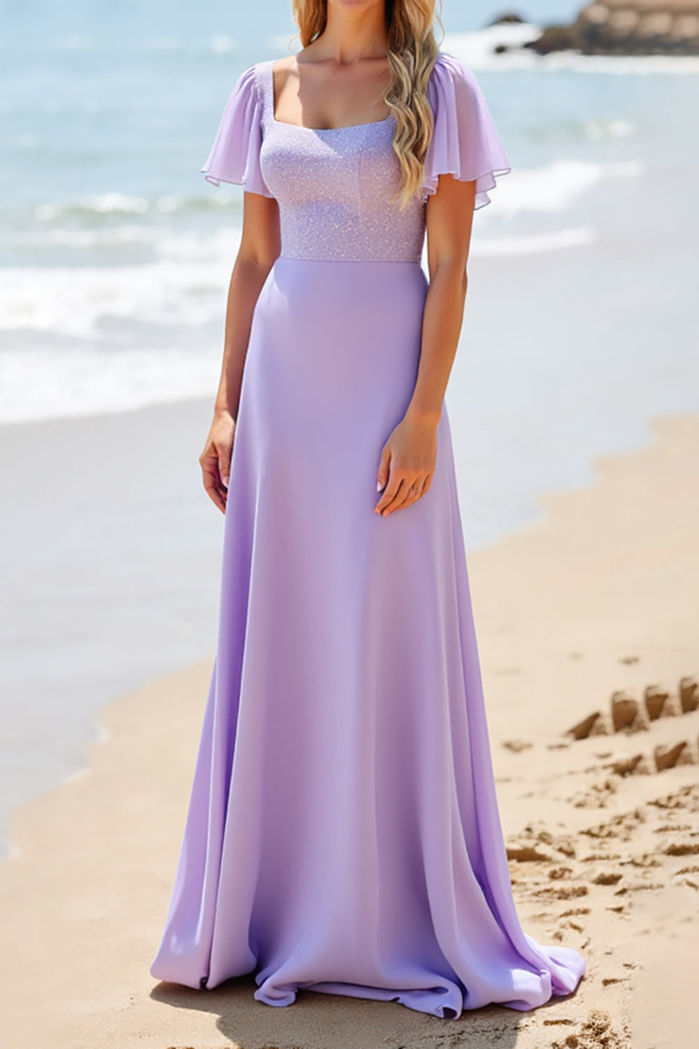 Lilac Satin A Line  Long Bridesmaid Dress with Beading