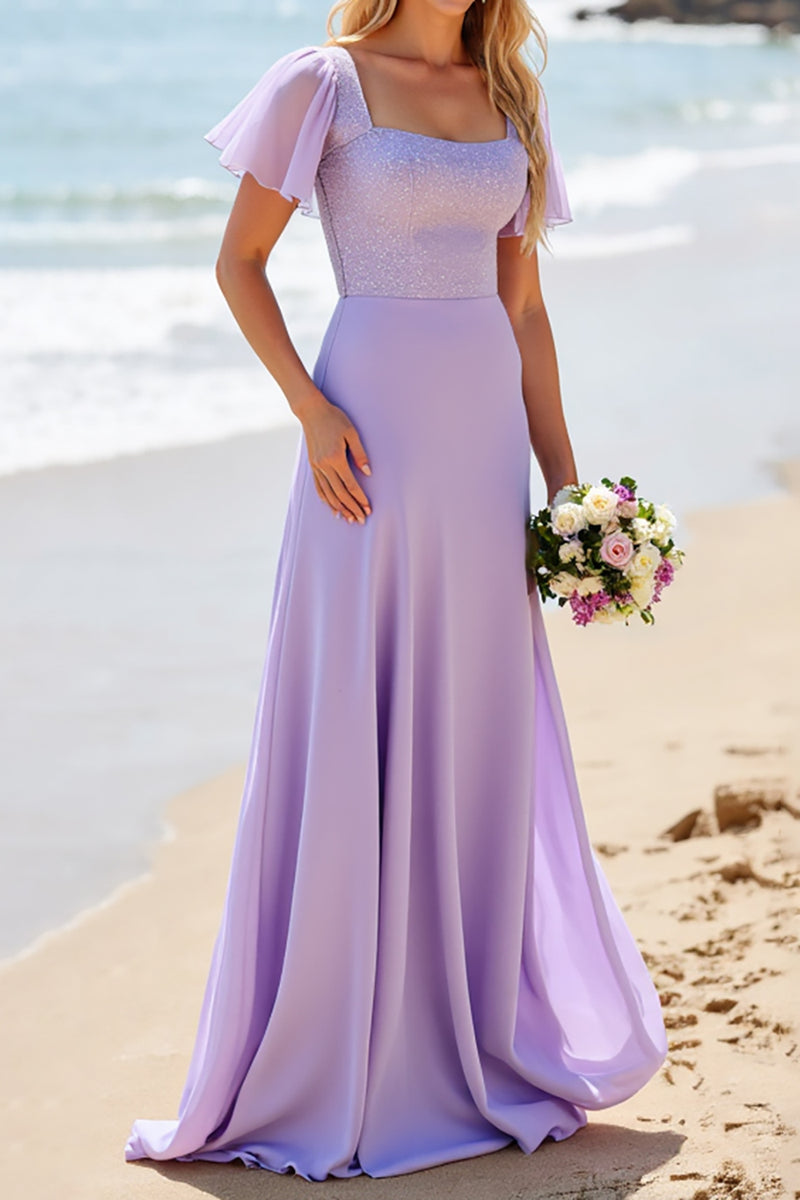 Load image into Gallery viewer, Lilac Satin A Line  Long Bridesmaid Dress with Beading