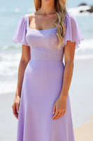 Load image into Gallery viewer, Lilac Satin A Line  Long Bridesmaid Dress with Beading