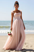 Load image into Gallery viewer, Candy Pink A Line Pleated Long Bridesmaid Dress with Slit
