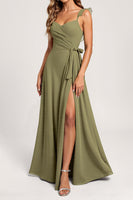 Load image into Gallery viewer, Olive A Line Chiffon Ruffled Long Bridesmaid Dress with Slit