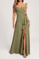 Load image into Gallery viewer, Olive A Line Chiffon Ruffled Long Bridesmaid Dress with Slit