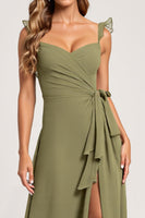Load image into Gallery viewer, Olive A Line Chiffon Ruffled Long Bridesmaid Dress with Slit