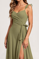 Load image into Gallery viewer, Olive A Line Chiffon Ruffled Long Bridesmaid Dress with Slit