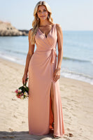 Load image into Gallery viewer, Blush Satin Sheath V-Neck Long Bridesmaid Dress with Slit