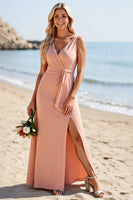 Load image into Gallery viewer, Blush Satin Sheath V-Neck Long Bridesmaid Dress with Slit