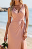 Load image into Gallery viewer, Blush Satin Sheath V-Neck Long Bridesmaid Dress with Slit