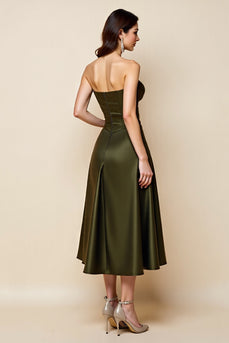Olive Satin A Line Strapless Keyhole Midi Homecoming Dress