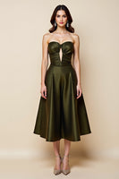 Load image into Gallery viewer, Olive Satin A Line Strapless Keyhole Midi Homecoming Dress