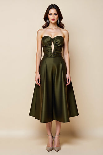 Olive Satin A Line Strapless Keyhole Midi Homecoming Dress