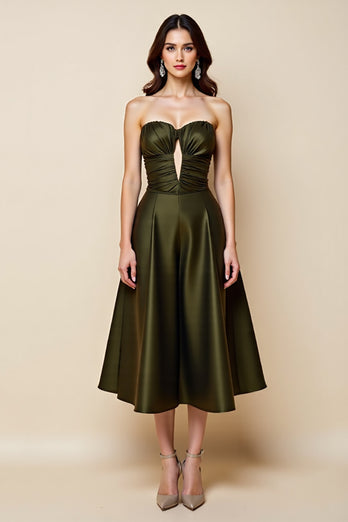 Olive Satin A Line Strapless Keyhole Midi Homecoming Dress