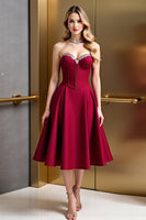 Load image into Gallery viewer, Dark Red A Line Satin Corset Midi Homecoming Dress with Beading