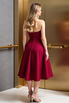 Dark Red A Line Satin Corset Midi Homecoming Dress with Beading