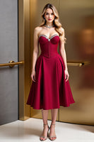 Load image into Gallery viewer, Dark Red A Line Satin Corset Midi Homecoming Dress with Beading
