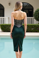Load image into Gallery viewer, Sparkly Pine Bodycon Corset Midi Satin Homecoming Dress