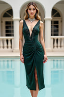 Load image into Gallery viewer, Pine Satin V Neck Beaded Midi Bodycon Homecoming Dress with Slit