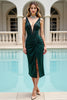 Load image into Gallery viewer, Pine Satin V Neck Beaded Midi Bodycon Homecoming Dress with Slit