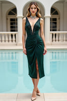 Load image into Gallery viewer, Pine Satin V Neck Beaded Midi Bodycon Homecoming Dress with Slit