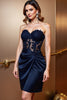 Load image into Gallery viewer, Navy Bodycon Satin Sweetheart Short Homecoming Dress with Appliques
