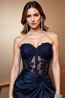 Load image into Gallery viewer, Navy Bodycon Satin Sweetheart Short Homecoming Dress with Appliques