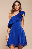 Load image into Gallery viewer, Royal Blue One Shoulder Ruffled A Line Short Homecoming Dress