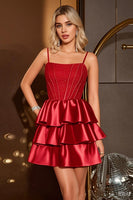 Load image into Gallery viewer, Dark Red Satin A Line Tiered Short Corset Homecoming Dress