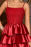 Load image into Gallery viewer, Dark Red Satin A Line Tiered Short Corset Homecoming Dress